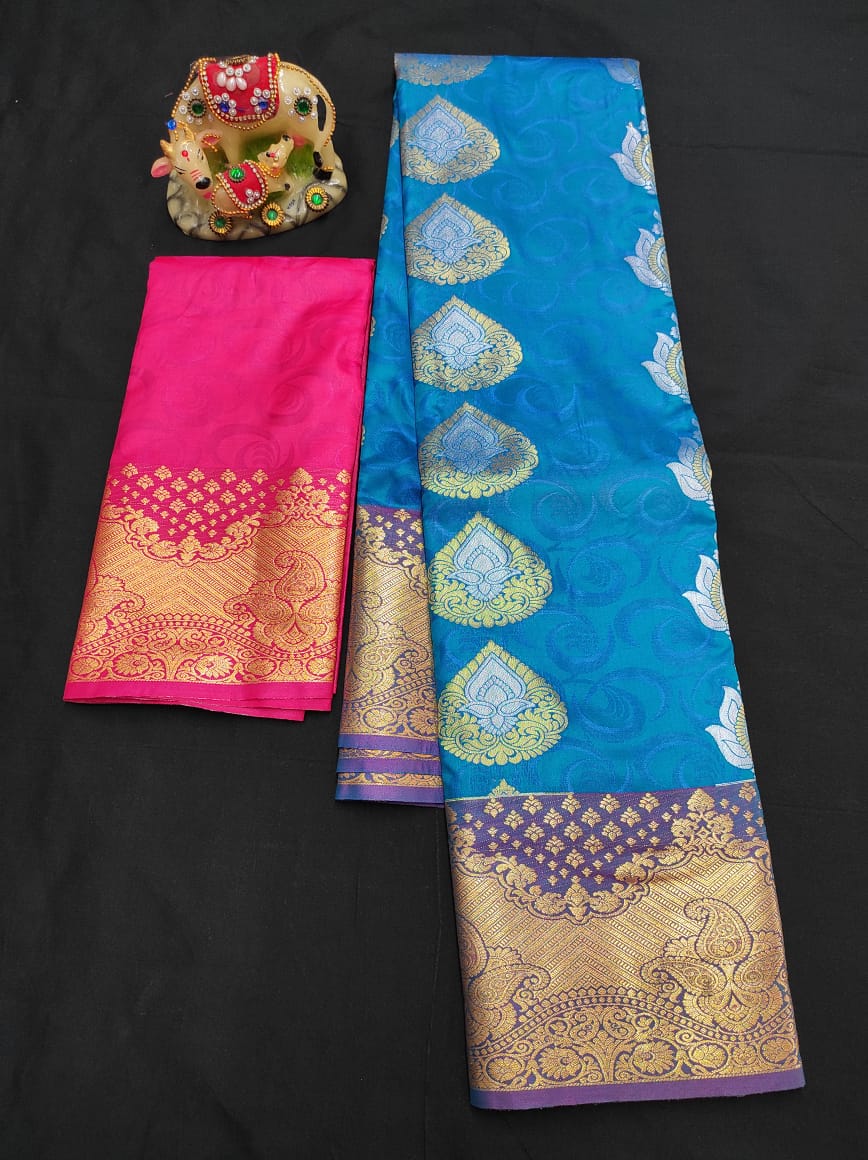 Up to 10 years samuthrika type semi silk pattu pavadai material for kids - Vannamayil Fashions