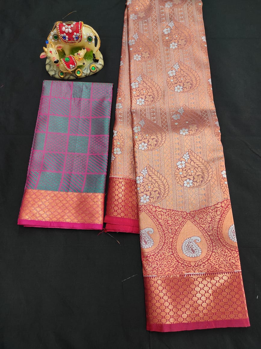 Up to 10 years samuthrika type semi silk pattu pavadai material for kids - Vannamayil Fashions