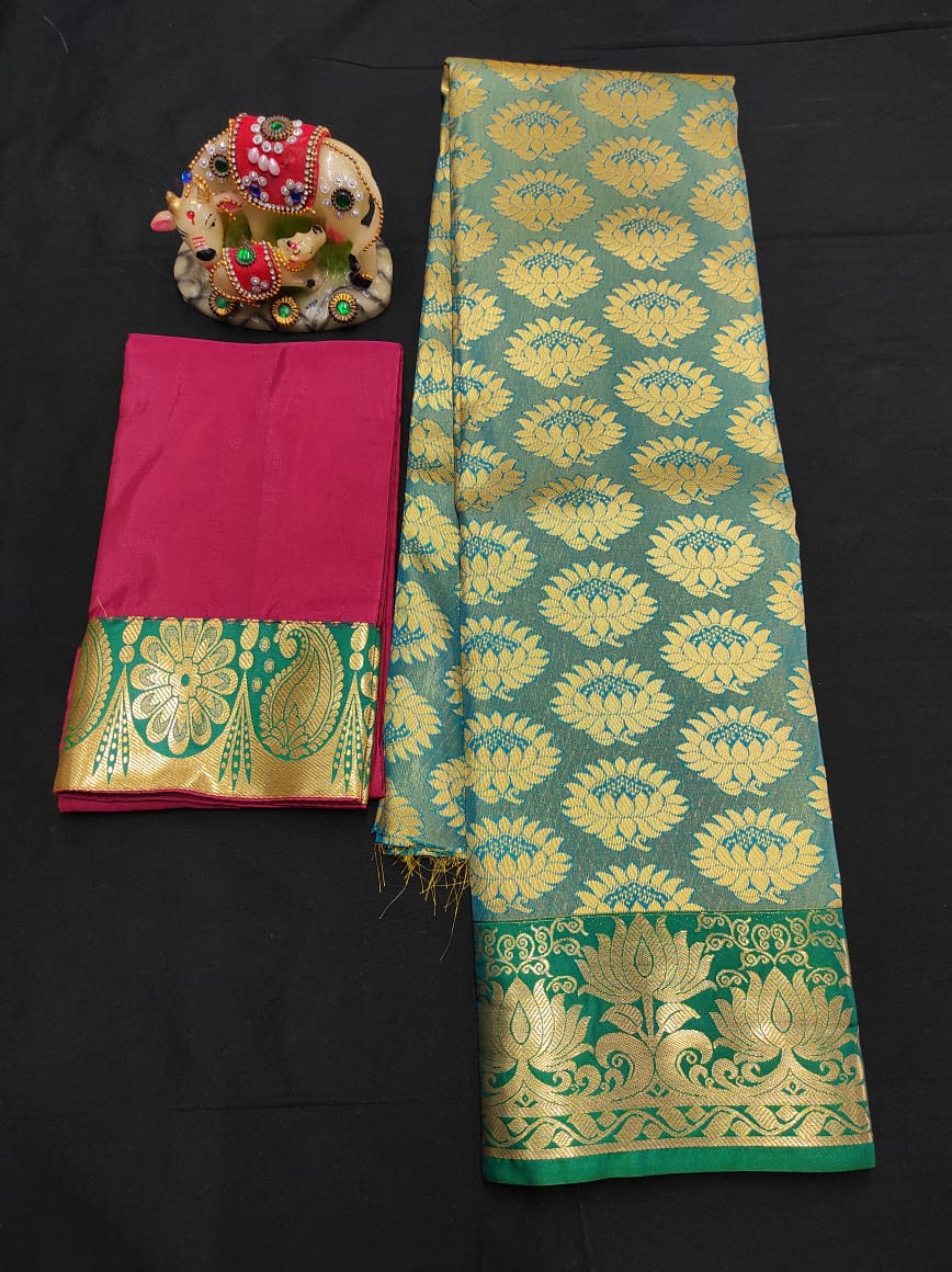 Up to 10 years samuthrika type semi silk pattu pavadai material for kids - Vannamayil Fashions