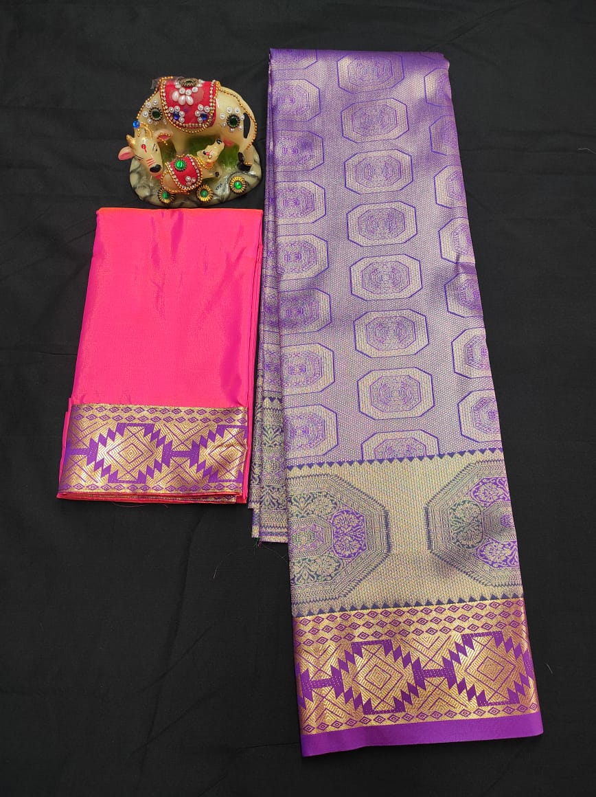 Up to 10 years samuthrika type semi silk pattu pavadai material for kids - Vannamayil Fashions