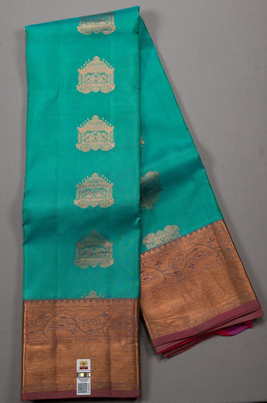 Kanchipuram handloom pure silk turquoise blue and rani pink colour saree