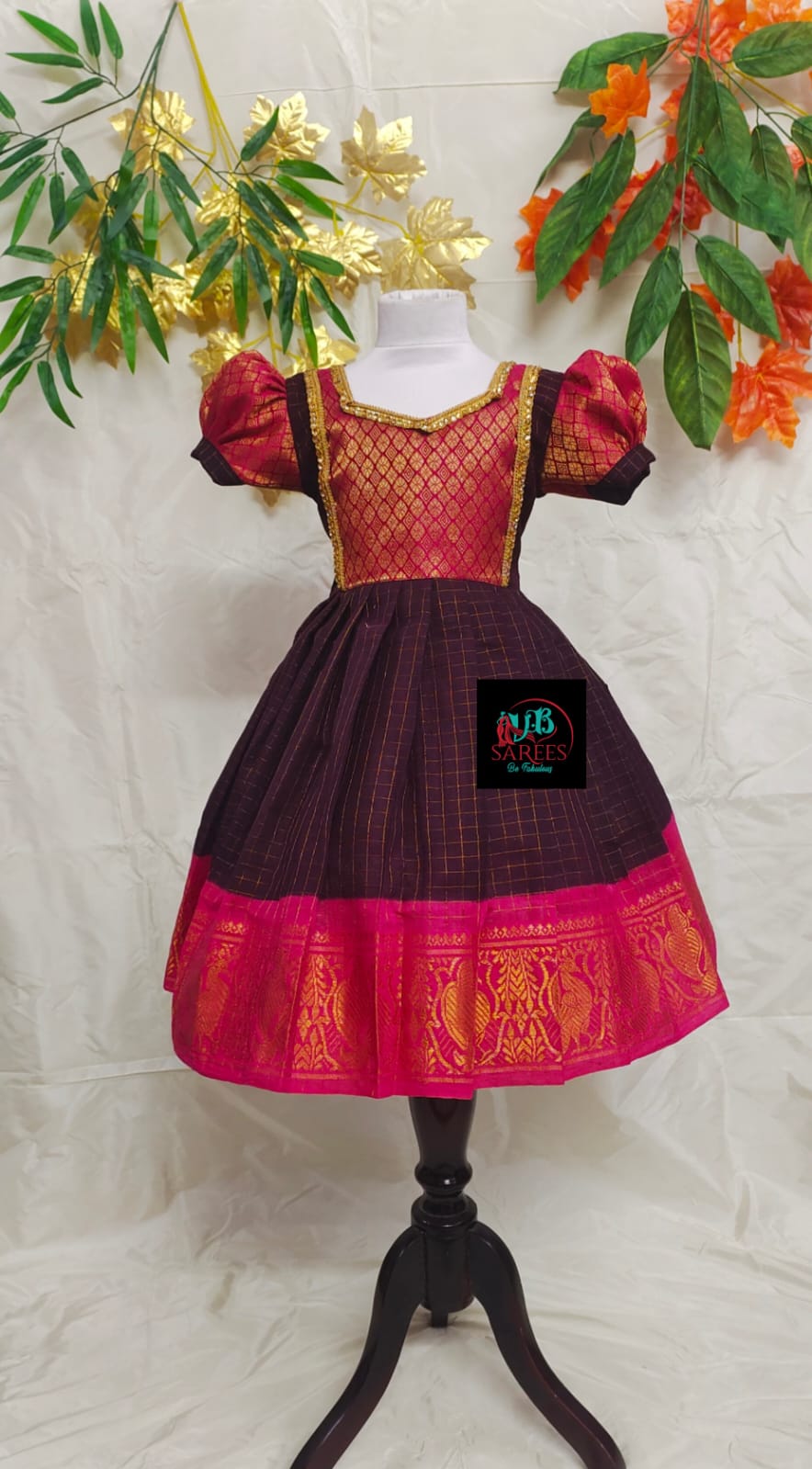 0 - 14 years Golden zari sungudi cotton frock with brocade
