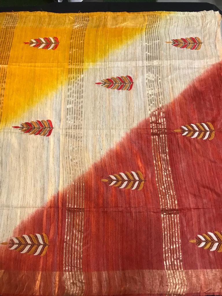 Hand made embroidery pure ghicha tusssar silk saree