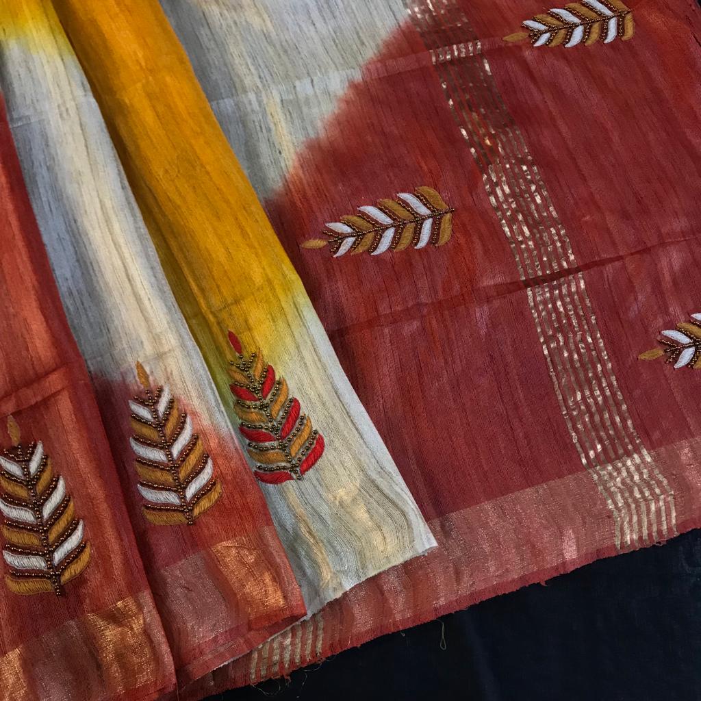 Hand made embroidery pure ghicha tusssar silk saree