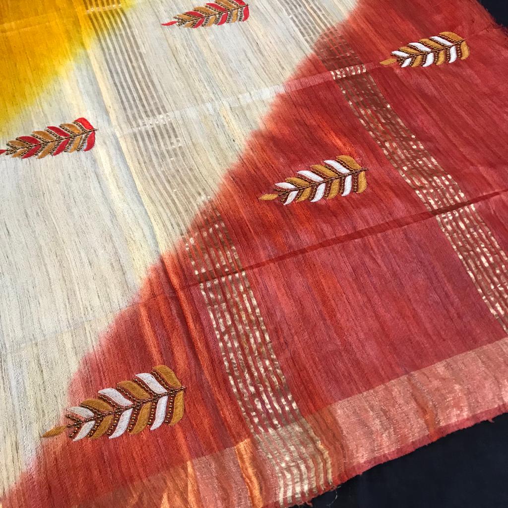 Hand made embroidery pure ghicha tusssar silk saree
