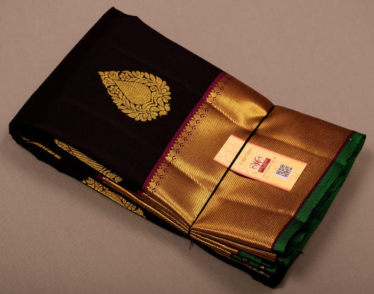 Kanchipuram black with magenta pure silk saree