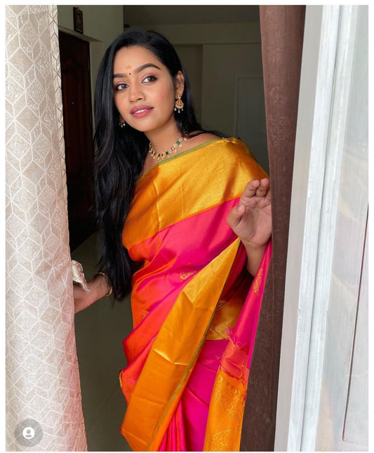 Kanchipuram pink and orange dual tone color pure silk saree