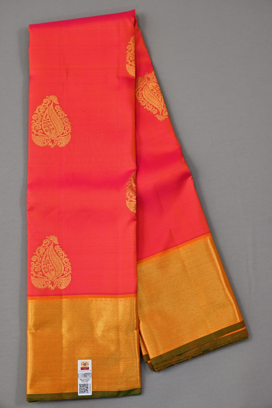 Kanchipuram pink and orange dual tone color pure silk saree