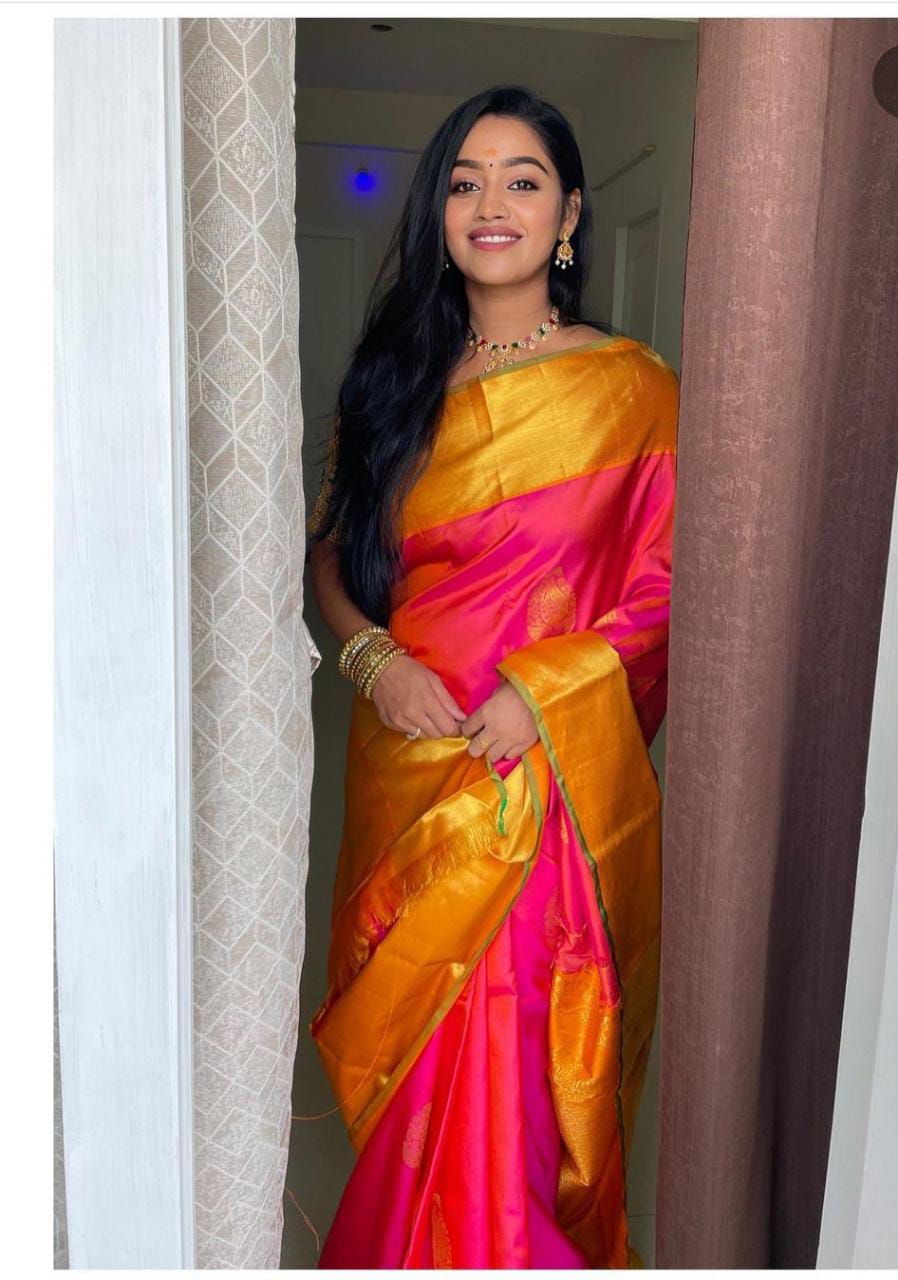 Kanchipuram pink and orange dual tone color pure silk saree