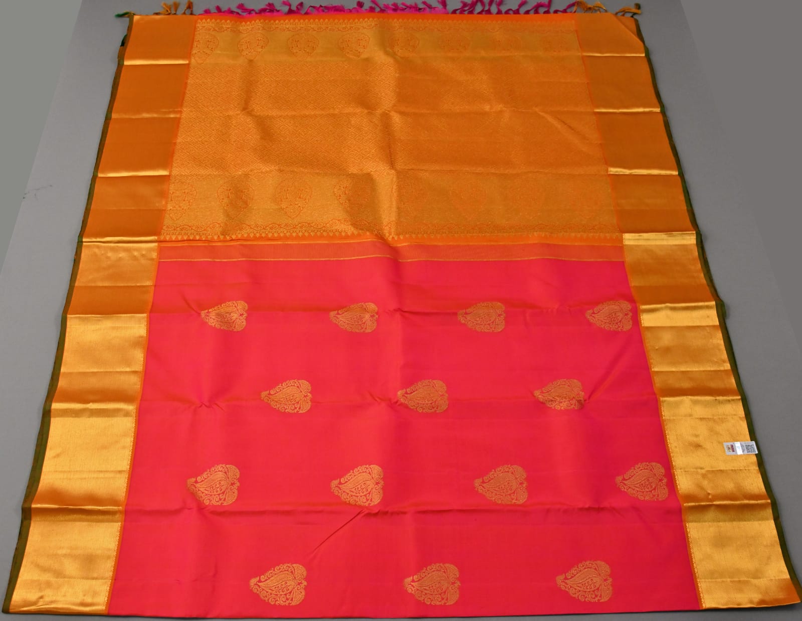 Kanchipuram pink and orange dual tone color pure silk saree