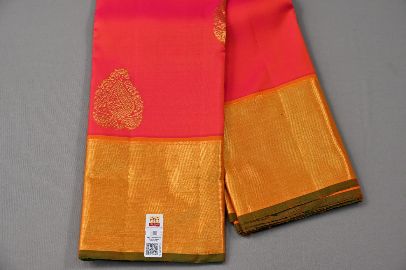 Kanchipuram pink and orange dual tone color pure silk saree