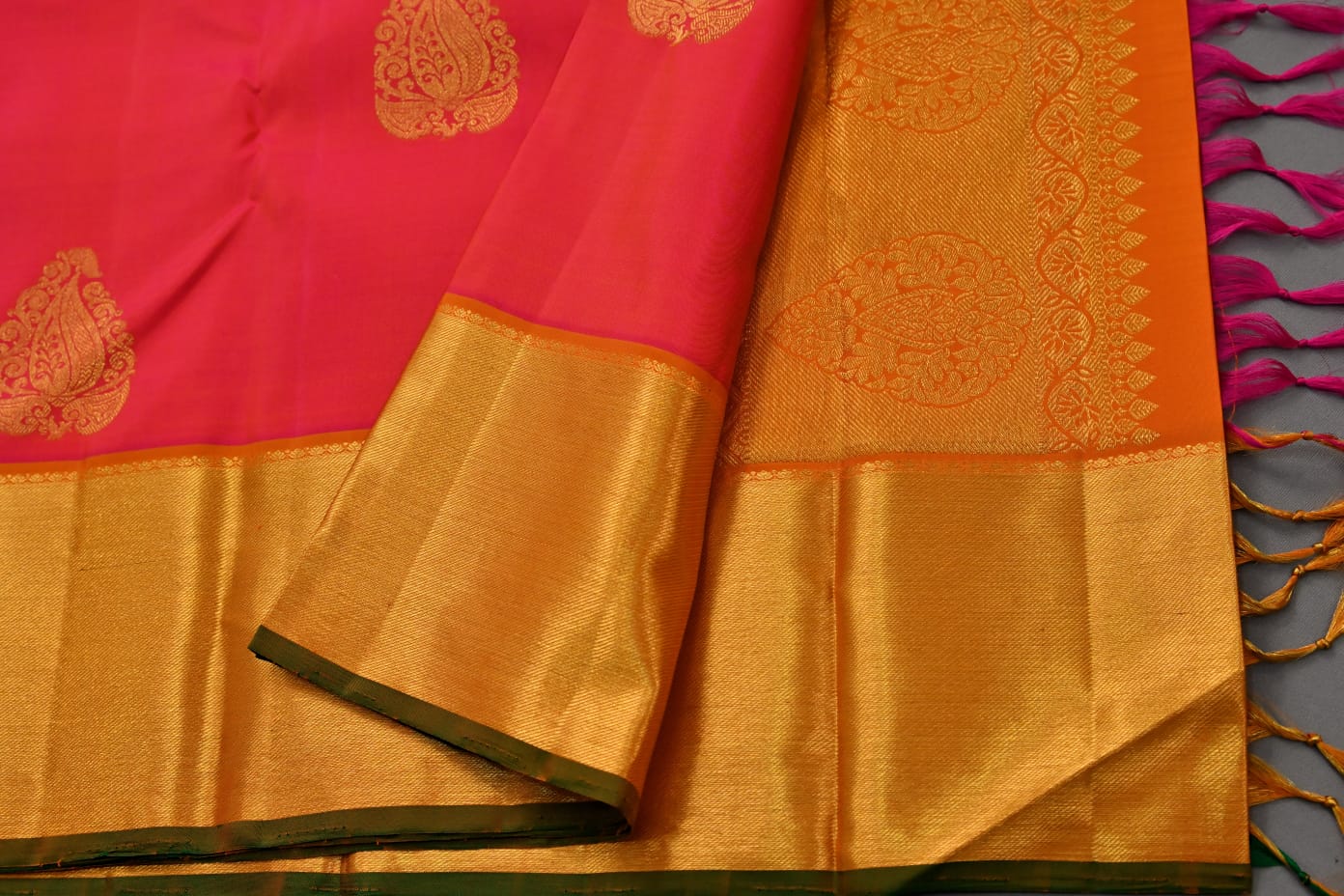 Kanchipuram pink and orange dual tone color pure silk saree