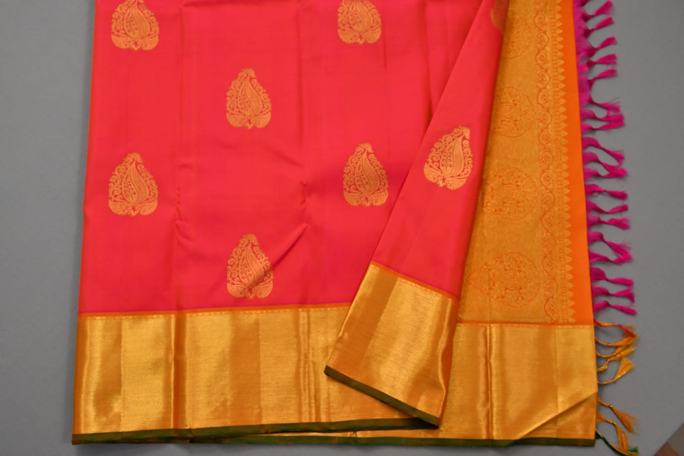 Kanchipuram pink and orange dual tone color pure silk saree