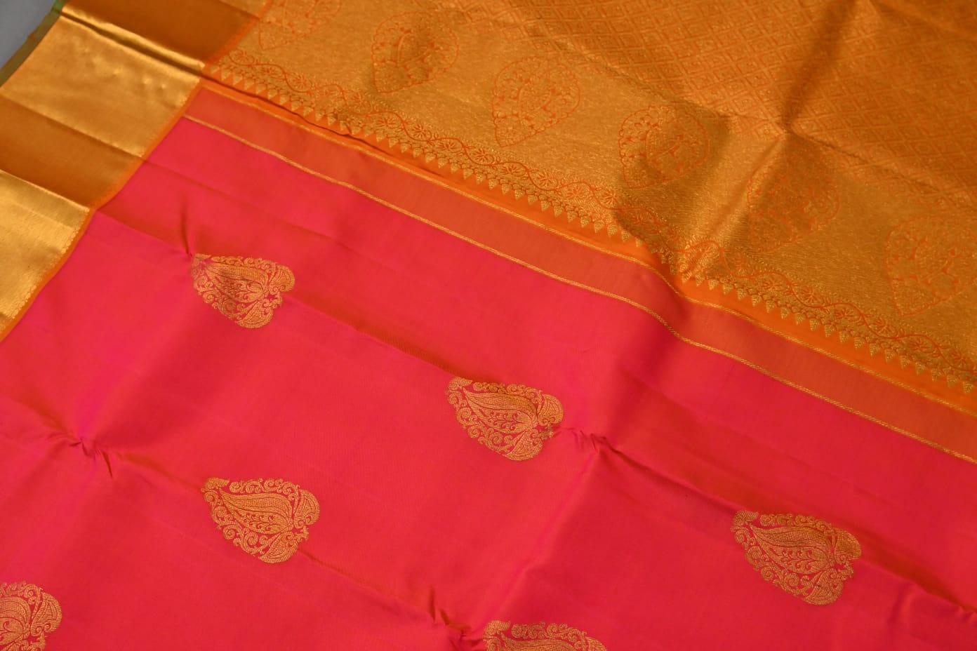 Kanchipuram pink and orange dual tone color pure silk saree