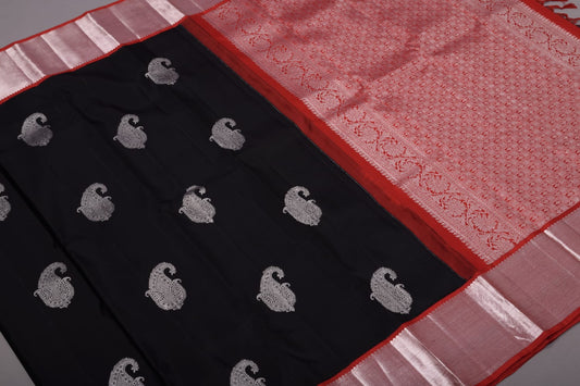 Kanchipuram pure silk black and red color saree