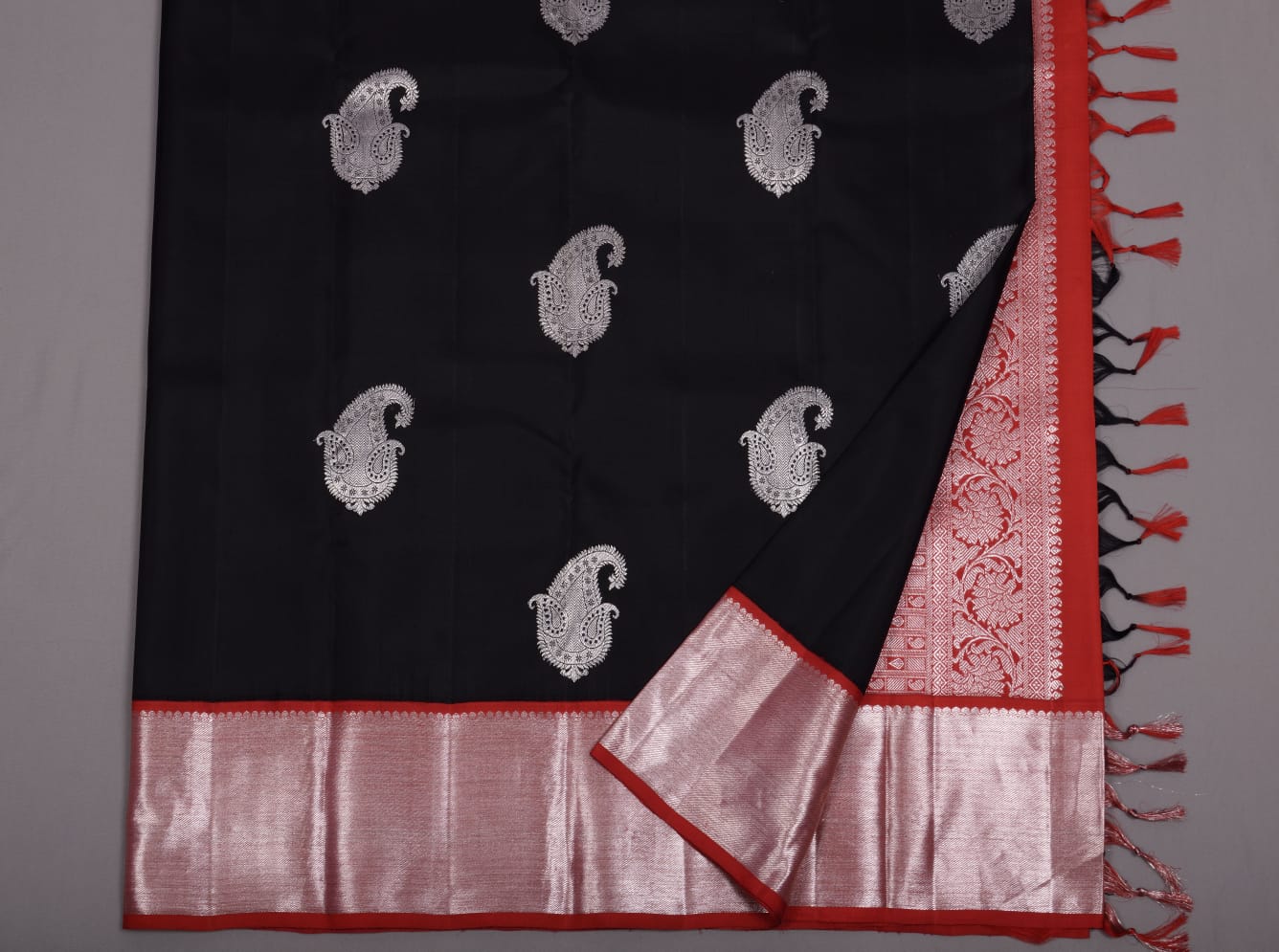 Kanchipuram pure silk black and red color saree