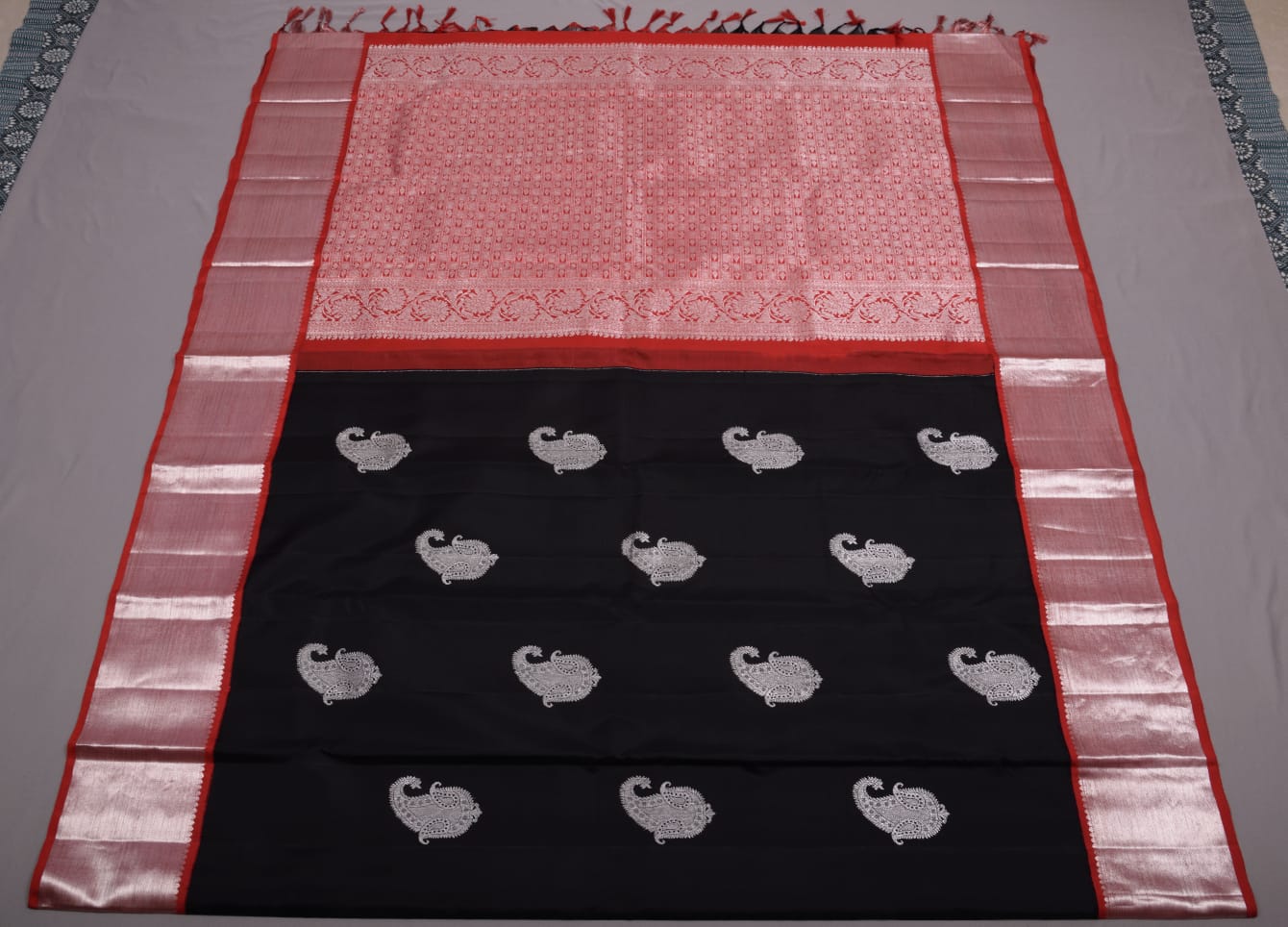 Kanchipuram pure silk black and red color saree