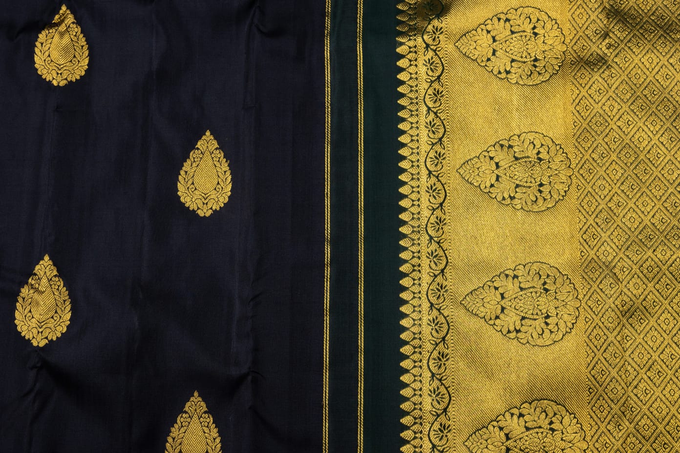 Kanchipuram pure silk black with green color saree