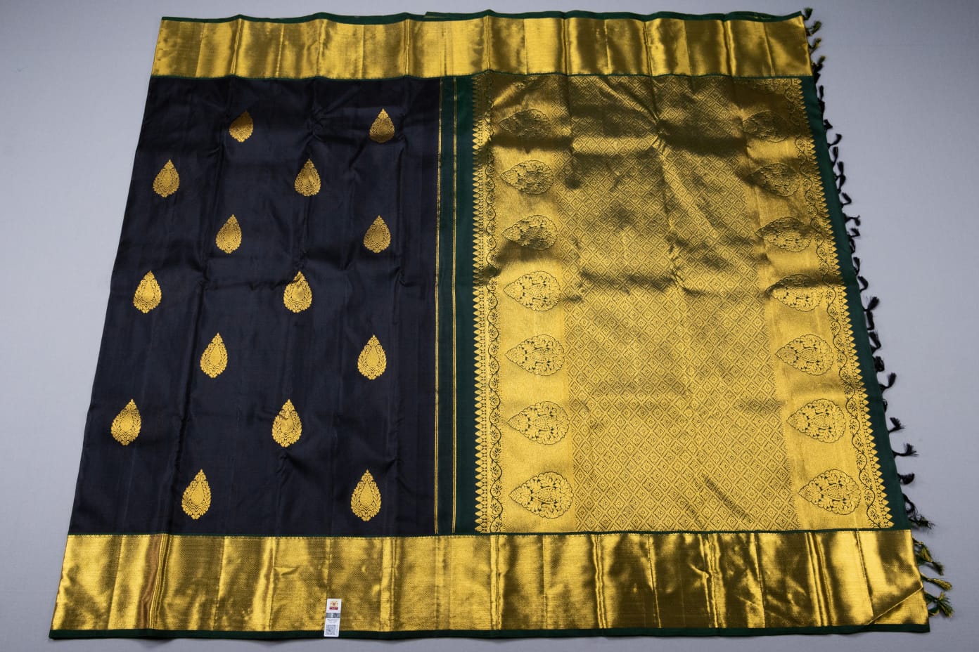 Kanchipuram pure silk black with green color saree