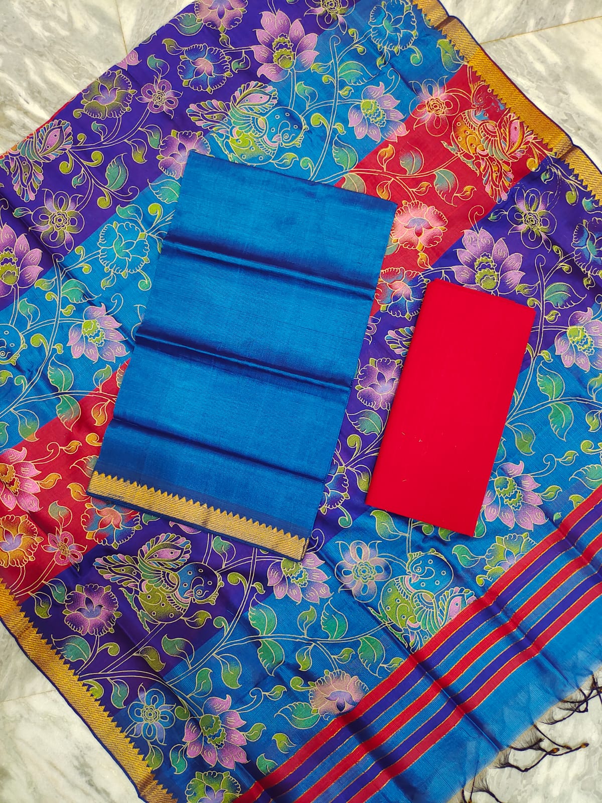 Mangalagiri pattu two side gold zari & pochampalli border digital printed dress material