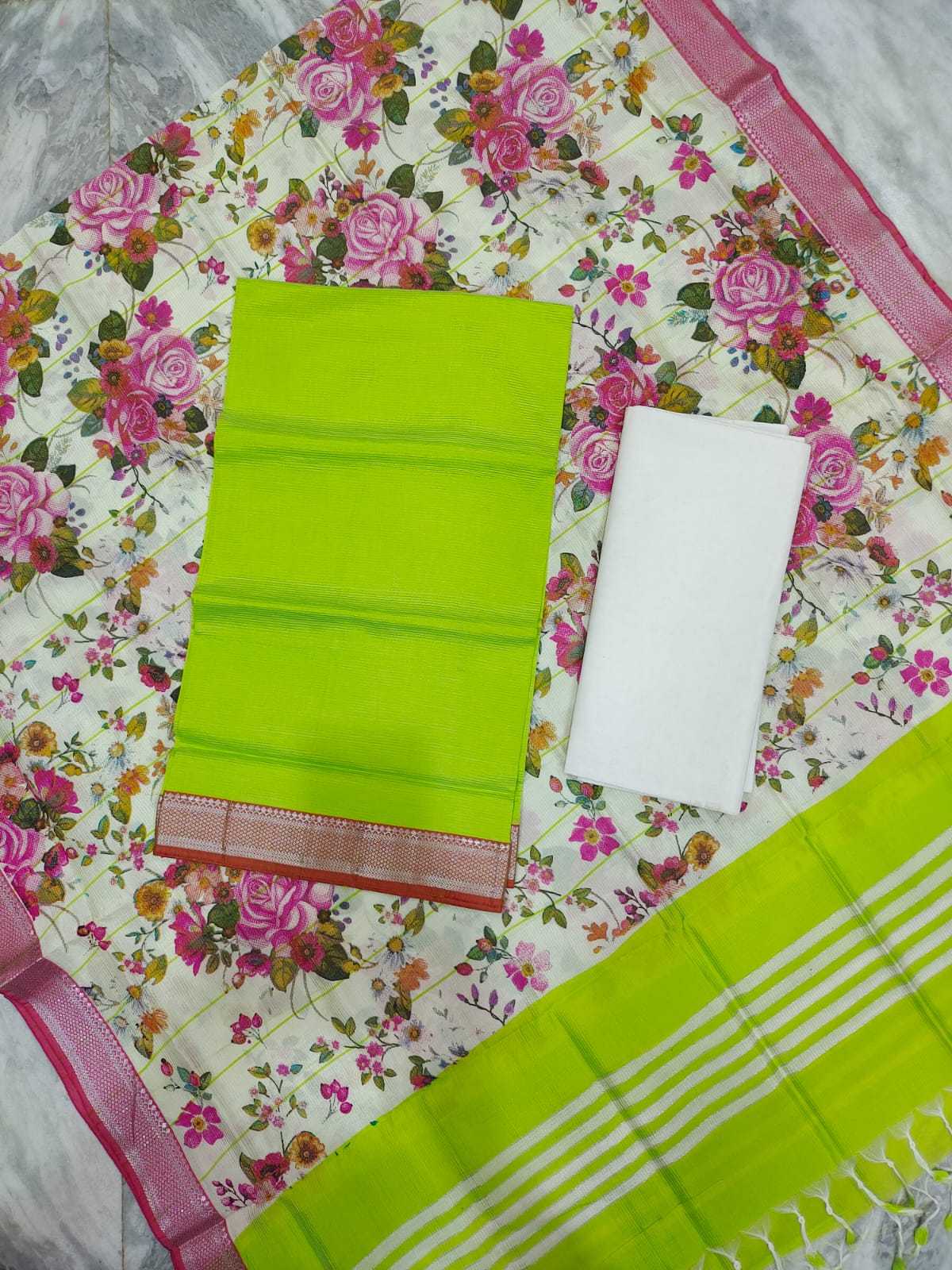 Mangalagiri pattu two side gold zari & pochampalli border digital printed dress material