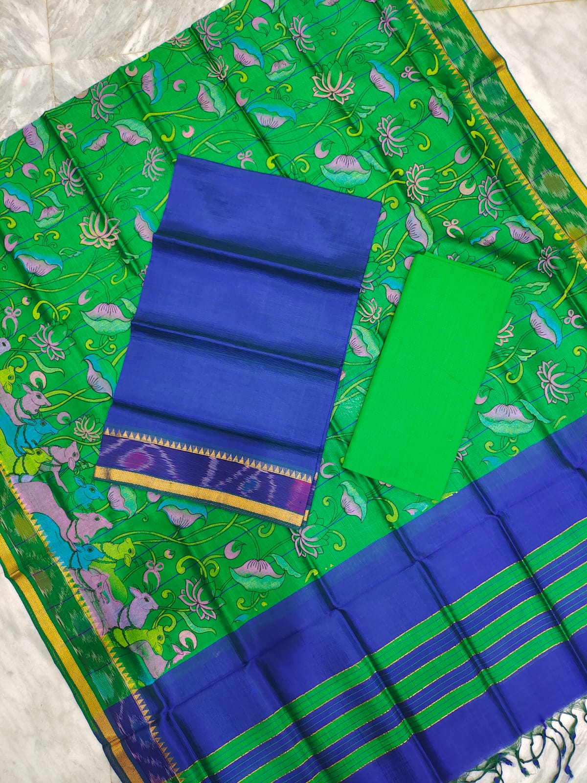 Mangalagiri pattu two side gold zari & pochampalli border digital printed dress material