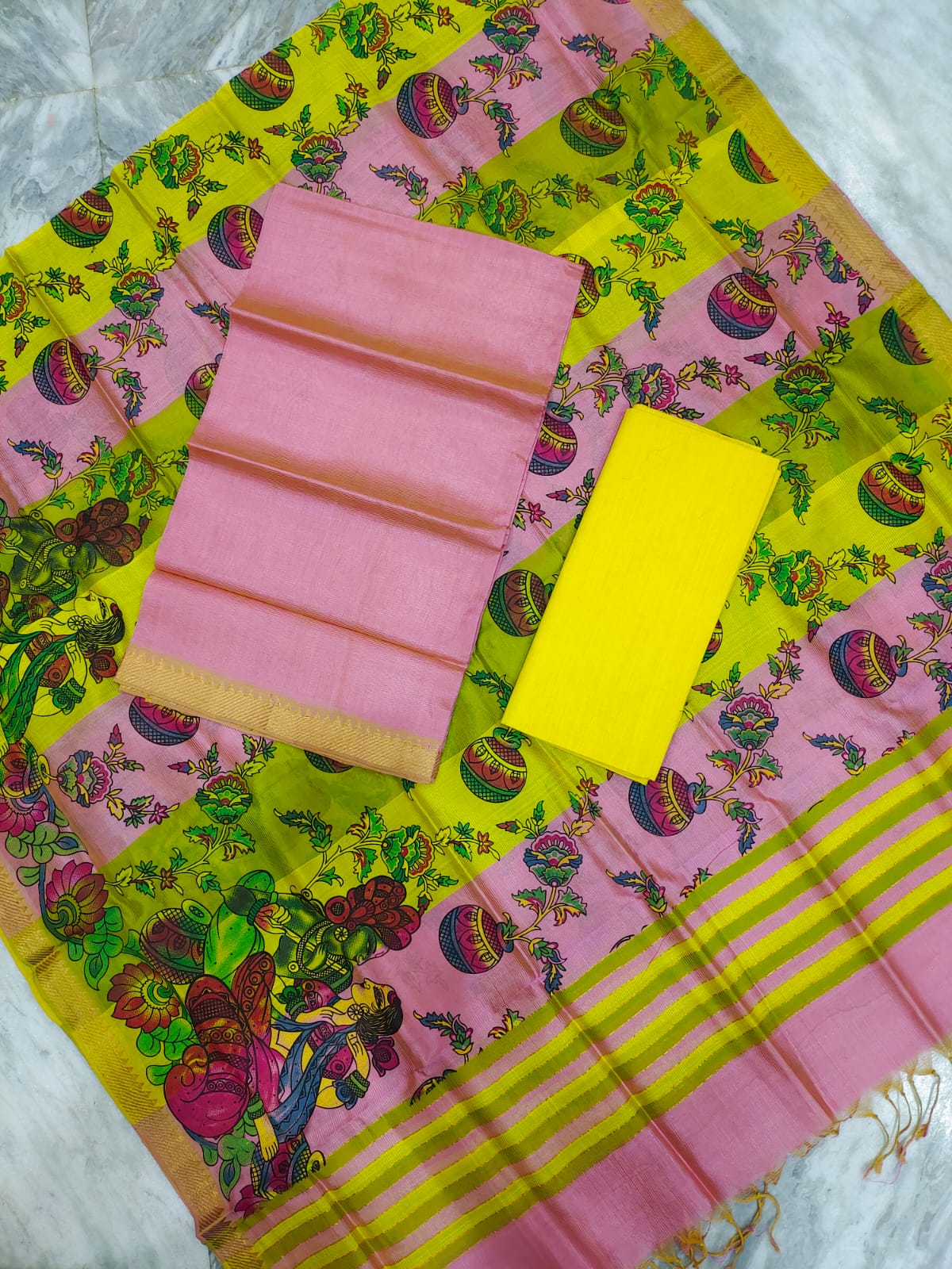 Mangalagiri pattu two side gold zari & pochampalli border digital printed dress material