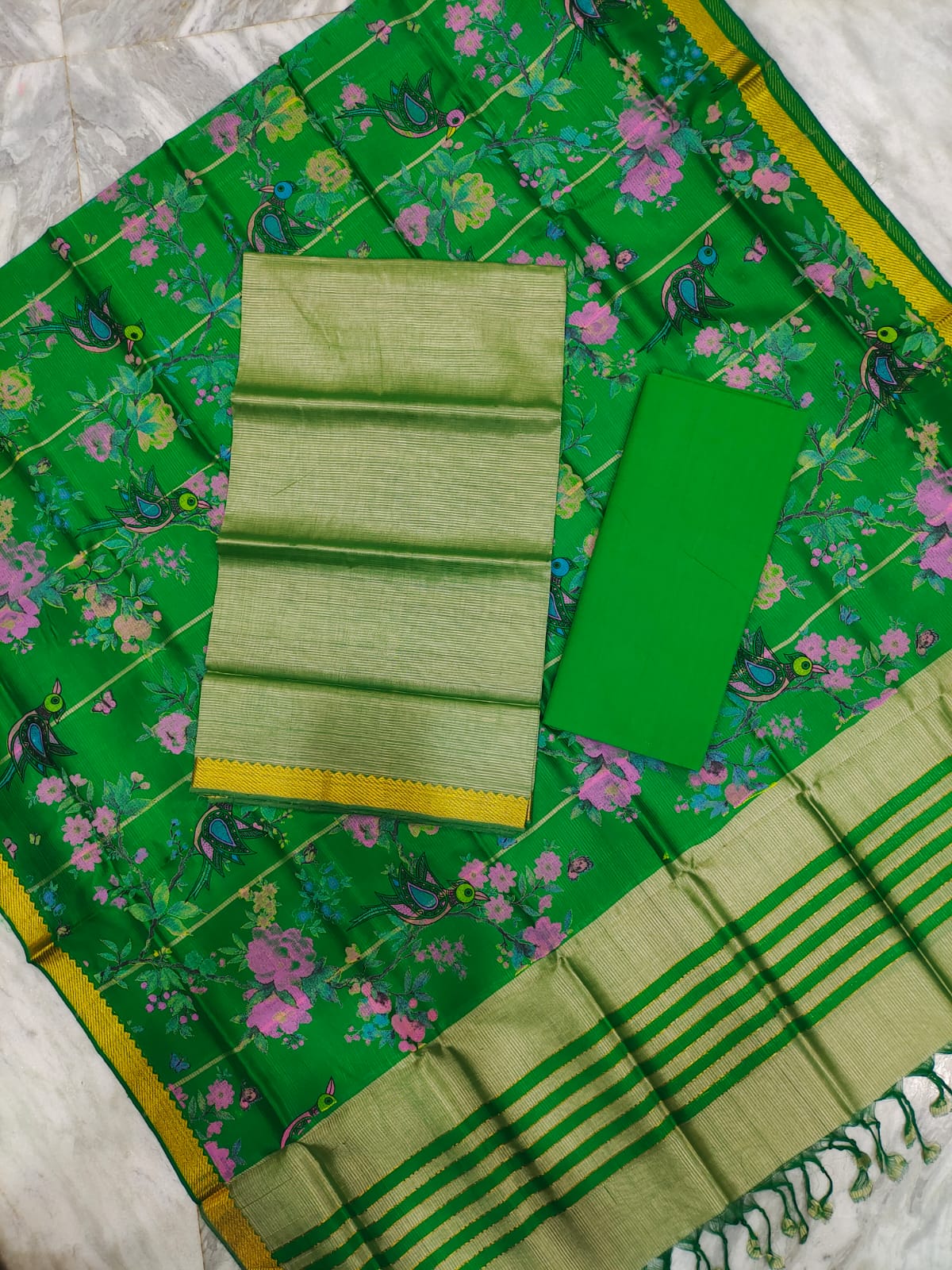 Mangalagiri pattu two side gold zari & pochampalli border digital printed dress material