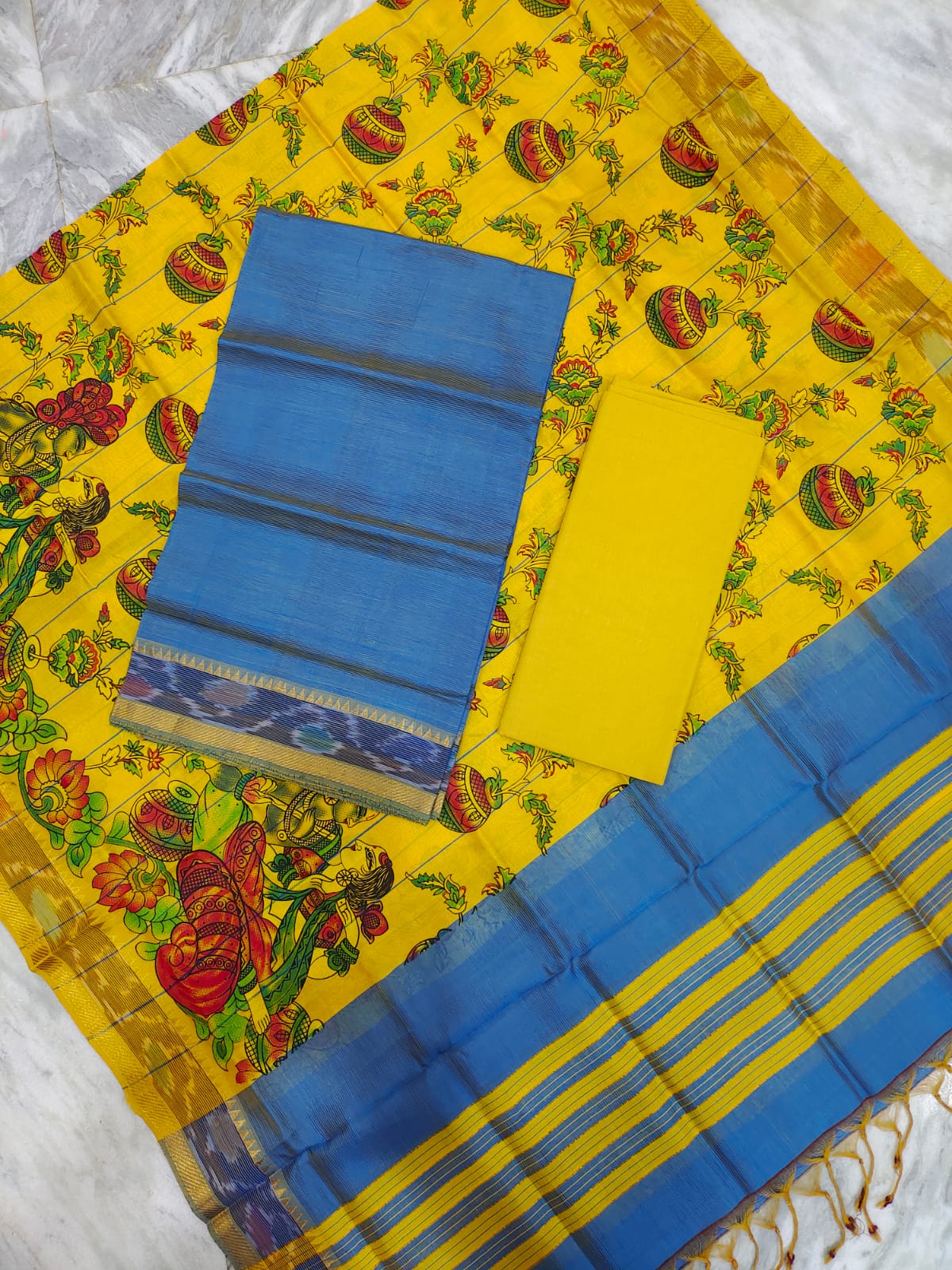 Mangalagiri pattu two side gold zari & pochampalli border digital printed dress material