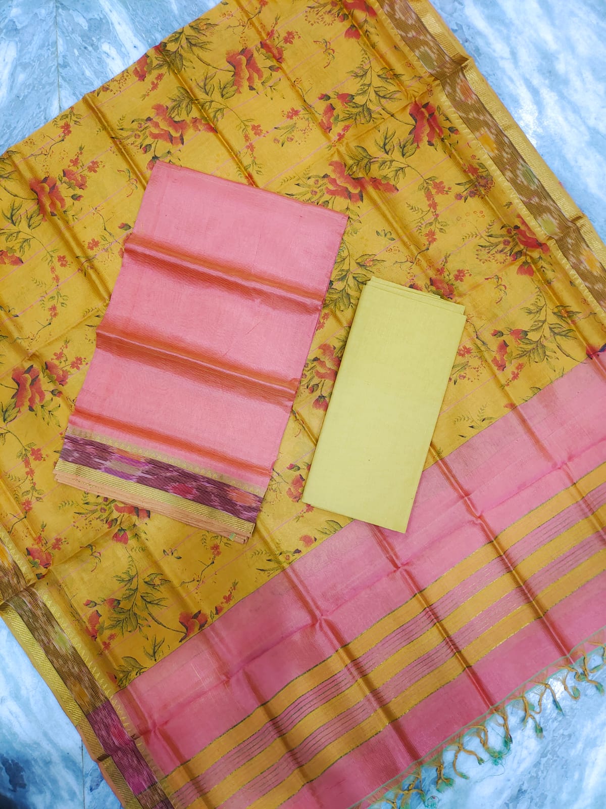 Mangalagiri pattu two side gold zari & pochampalli border digital printed dress material