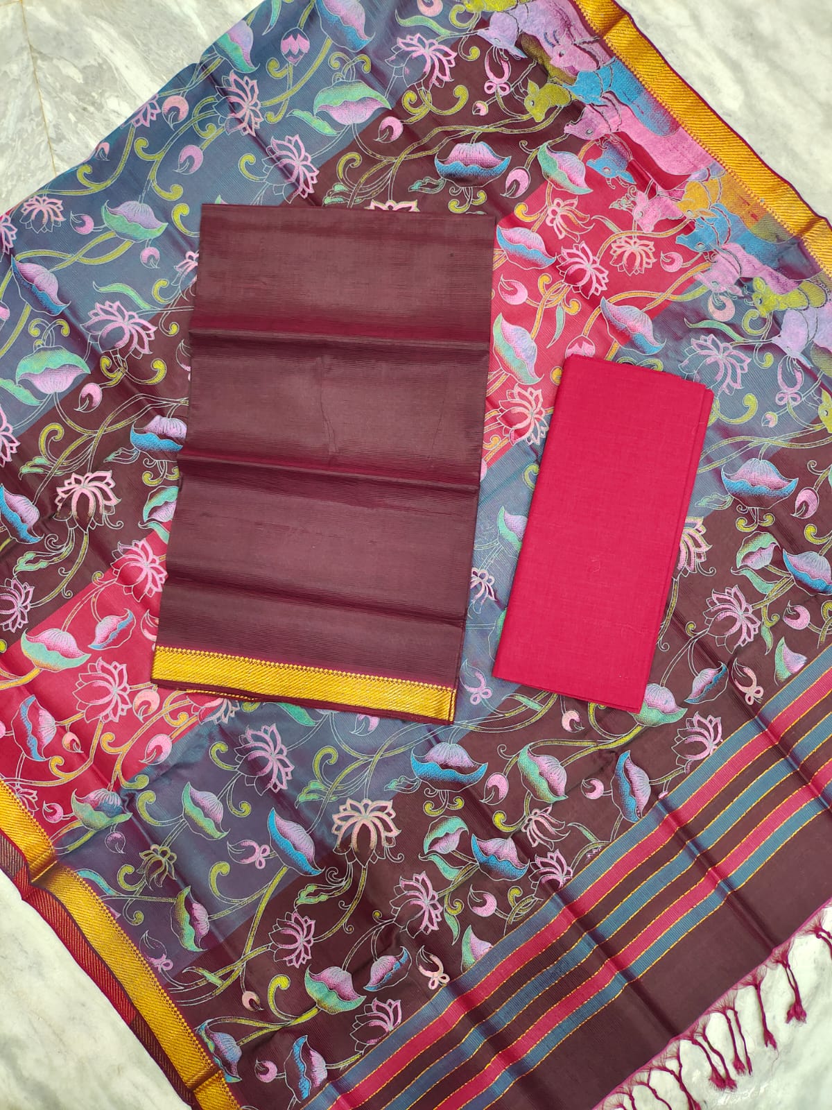 Mangalagiri pattu two side gold zari & pochampalli border digital printed dress material