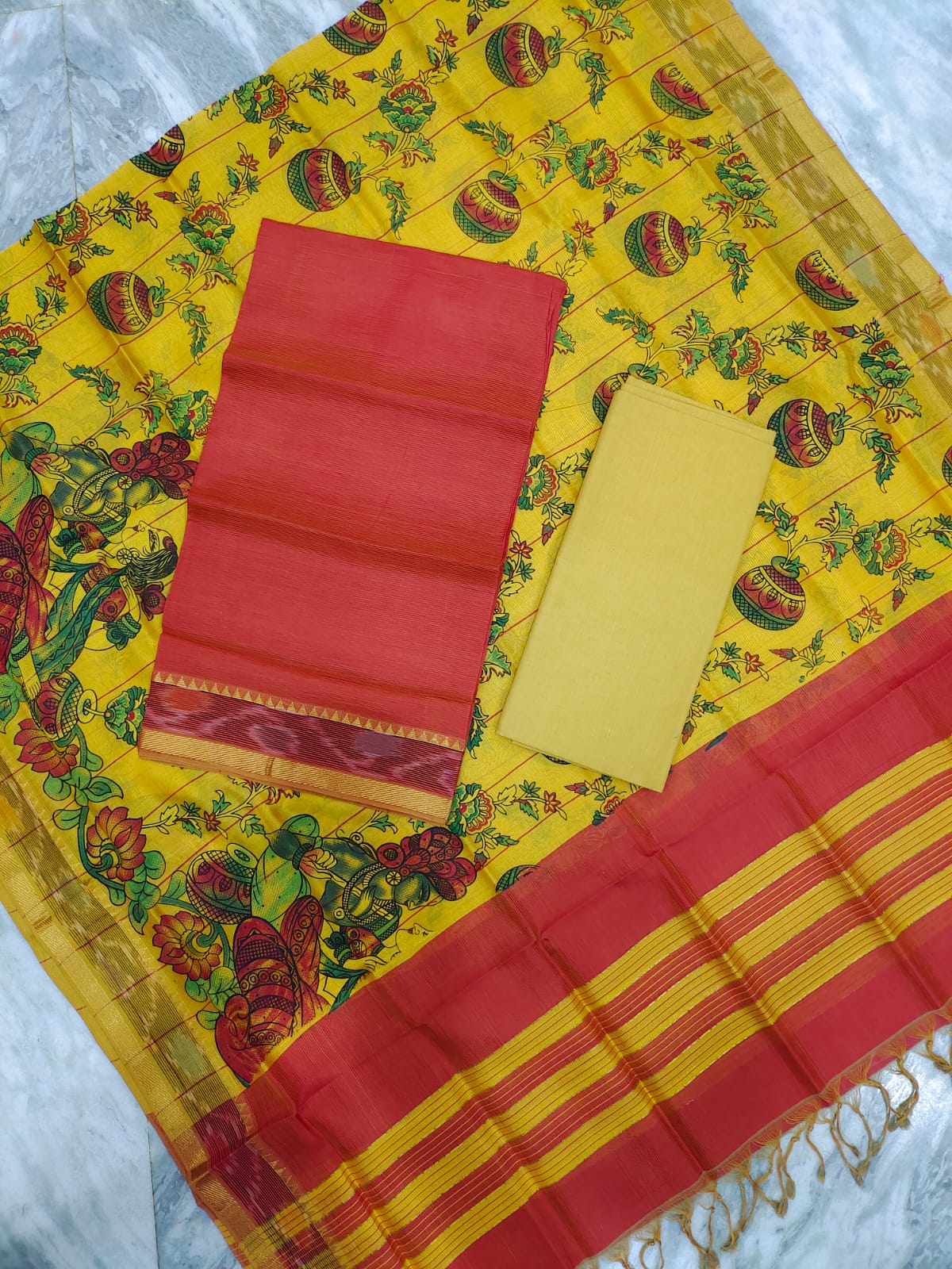 Mangalagiri pattu two side gold zari & pochampalli border digital printed dress material