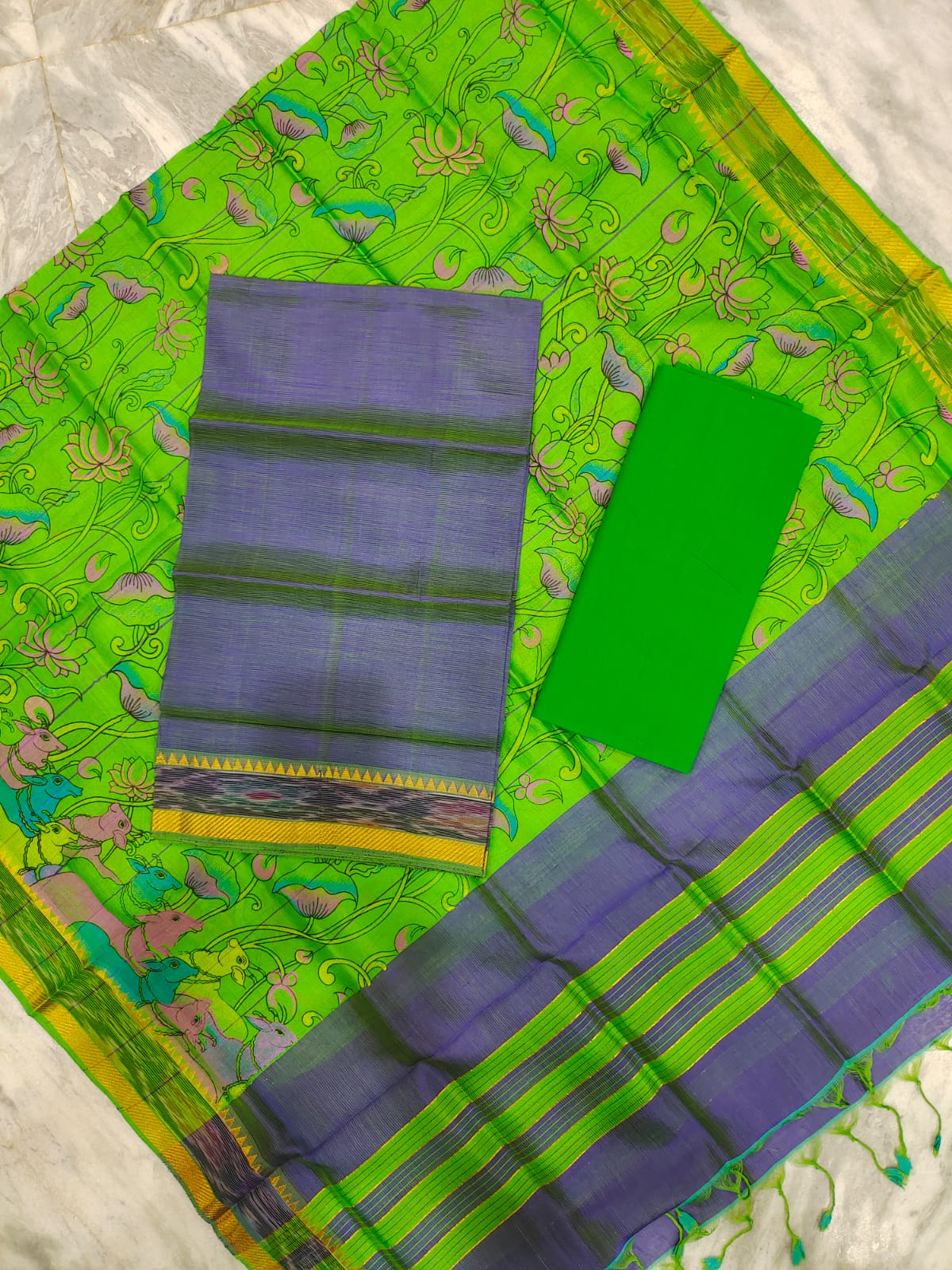 Mangalagiri pattu two side gold zari & pochampalli border digital printed dress material