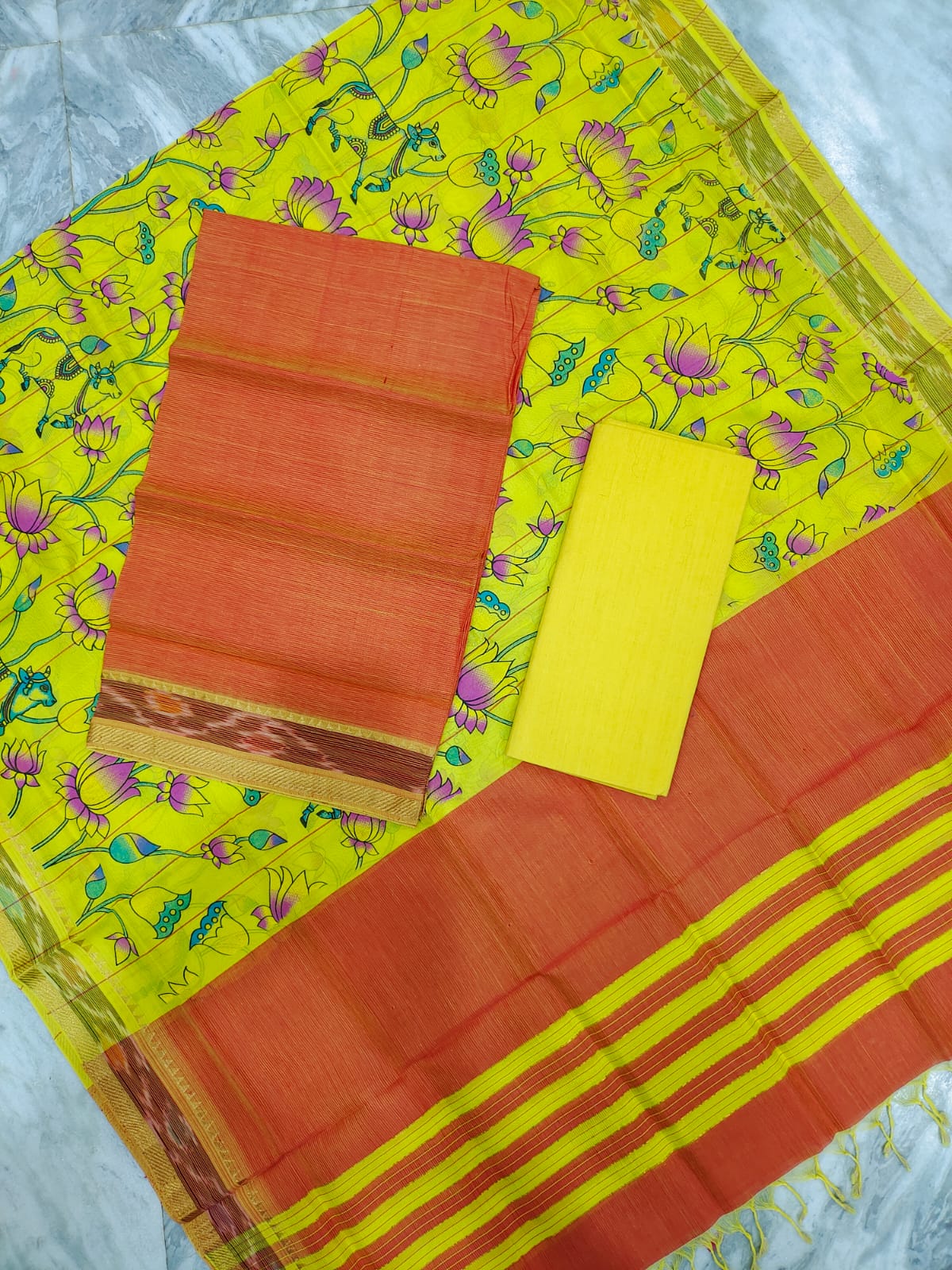 Mangalagiri pattu two side gold zari & pochampalli border digital printed dress material