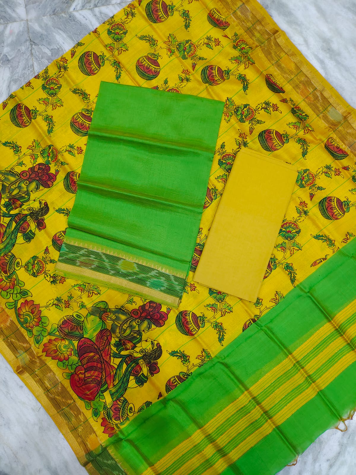 Mangalagiri pattu two side gold zari & pochampalli border digital printed dress material