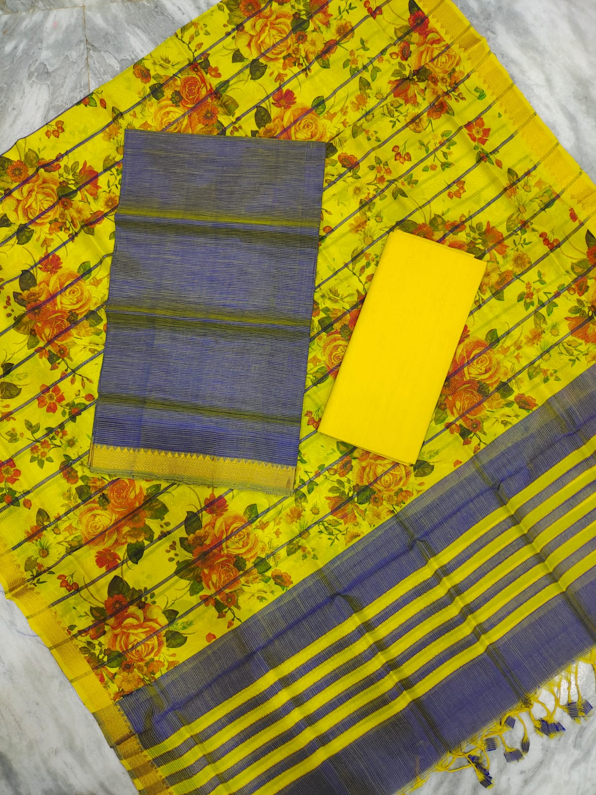 Mangalagiri pattu two side gold zari & pochampalli border digital printed dress material