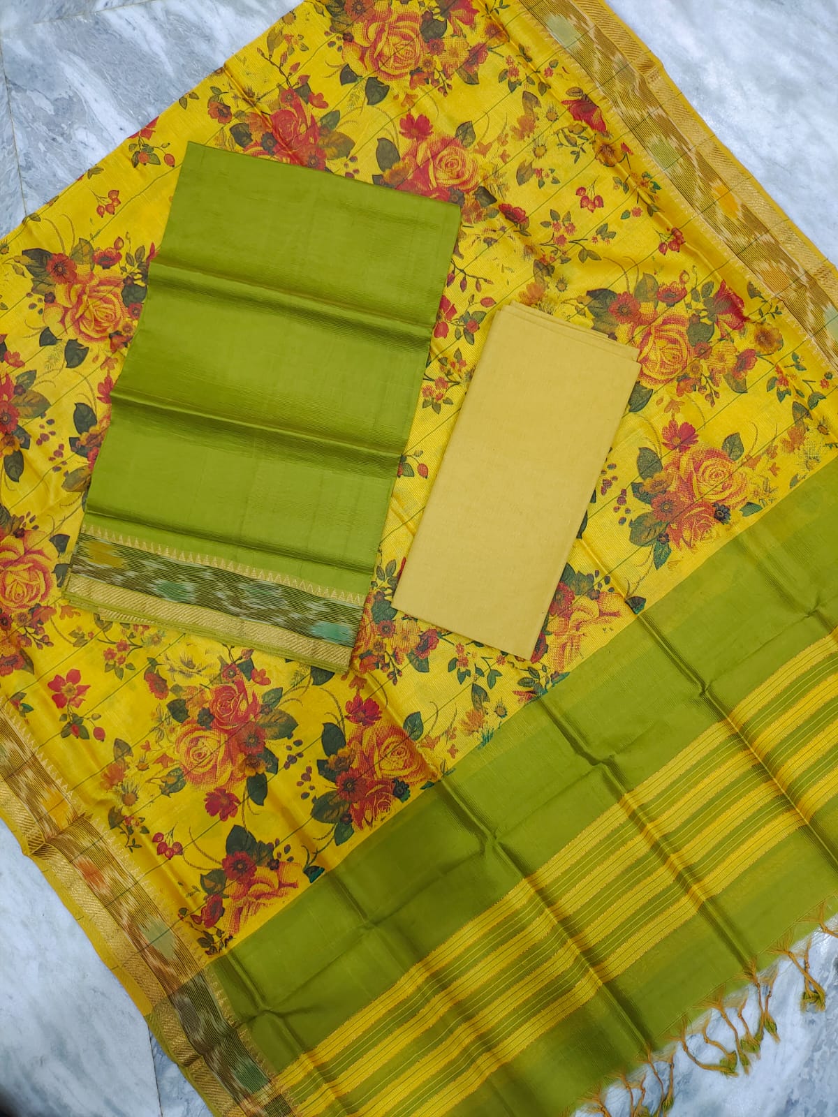 Mangalagiri pattu two side gold zari & pochampalli border digital printed dress material