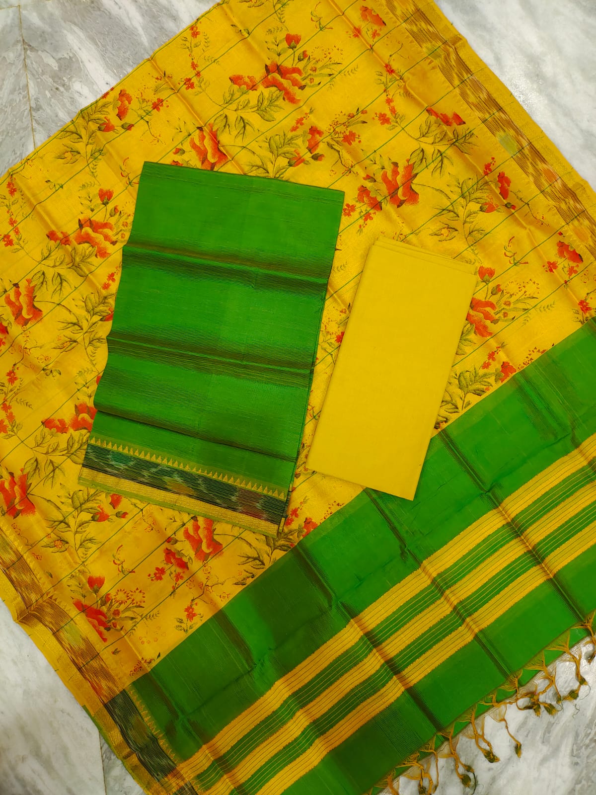 Mangalagiri pattu two side gold zari & pochampalli border digital printed dress material