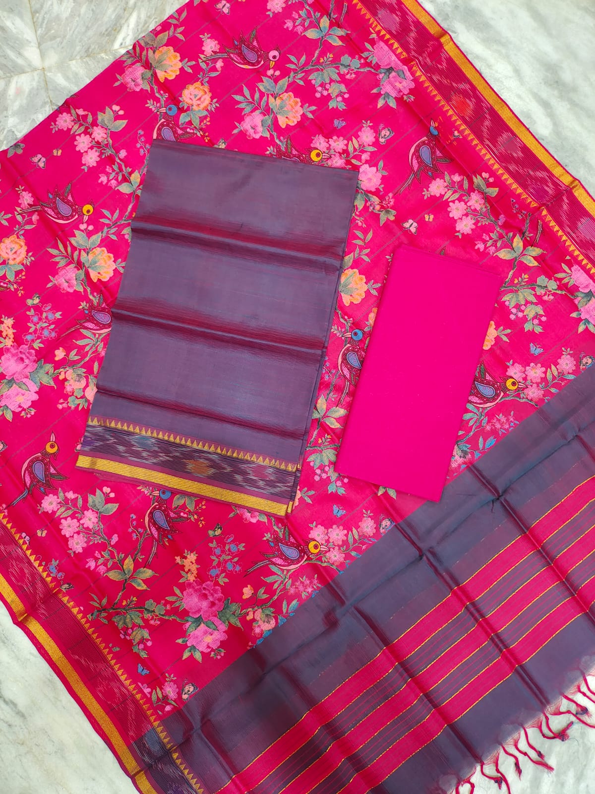 Mangalagiri pattu two side gold zari & pochampalli border digital printed dress material