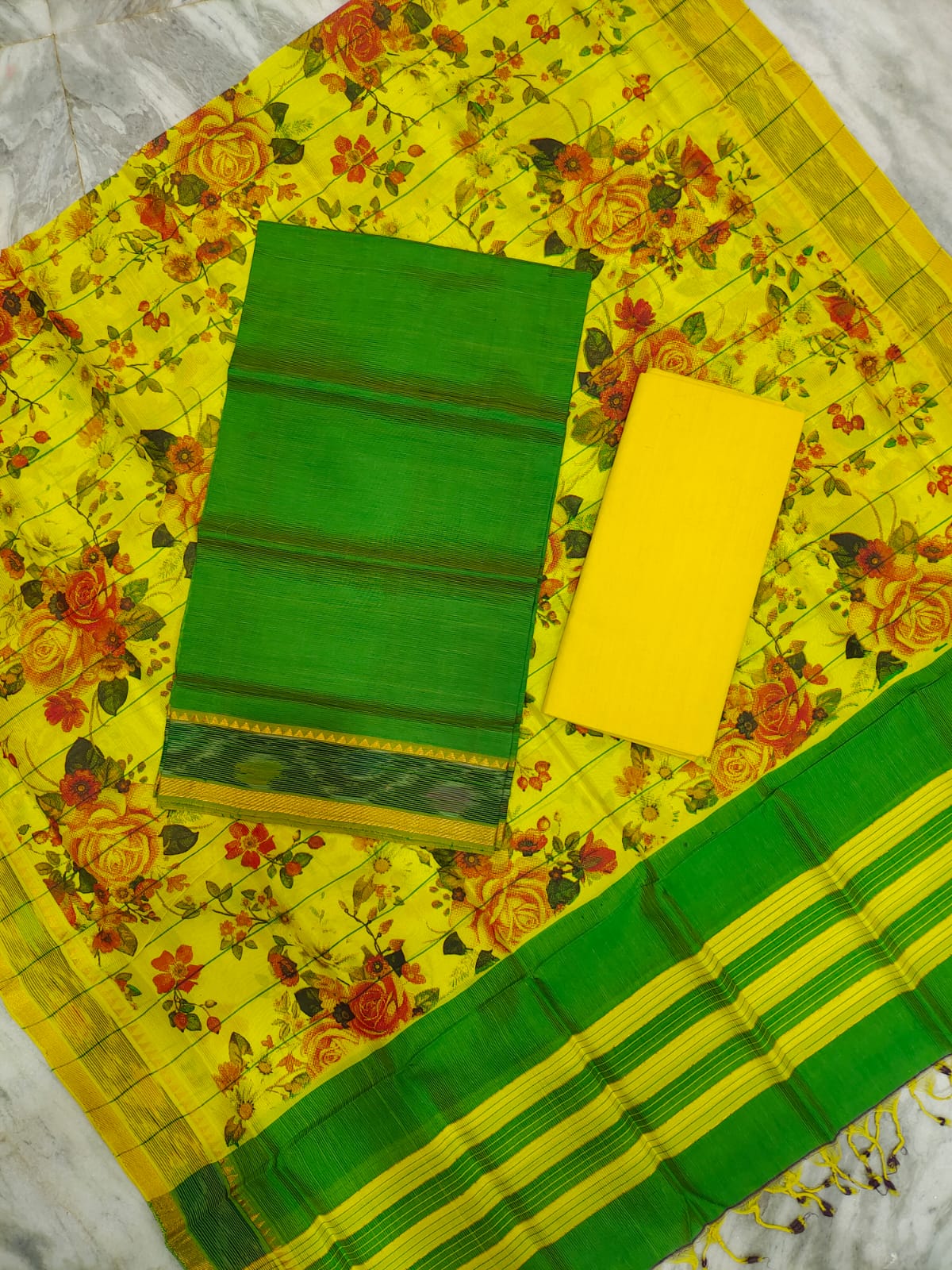 Mangalagiri pattu two side gold zari & pochampalli border digital printed dress material