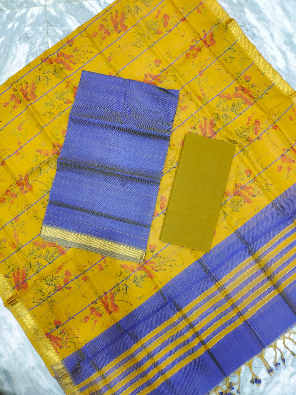 Mangalagiri pattu two side gold zari & pochampalli border digital printed dress material