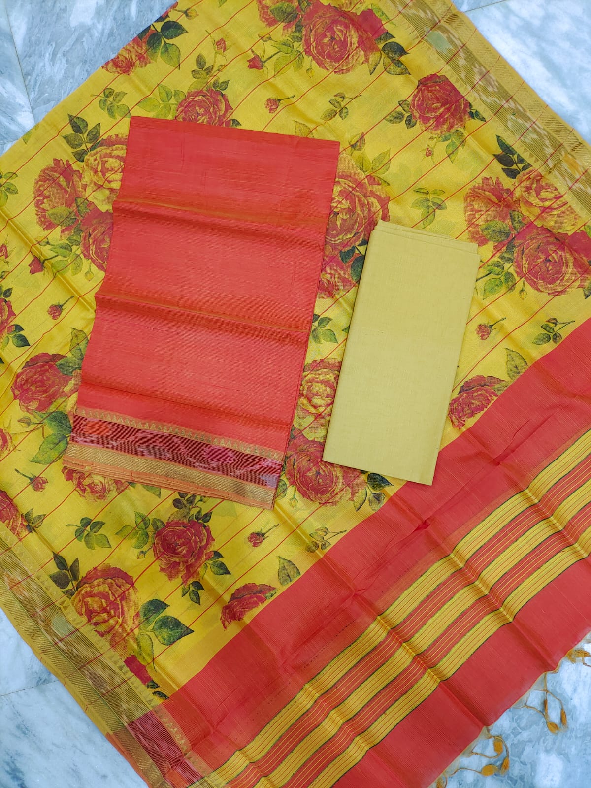 Mangalagiri pattu two side gold zari & pochampalli border digital printed dress material
