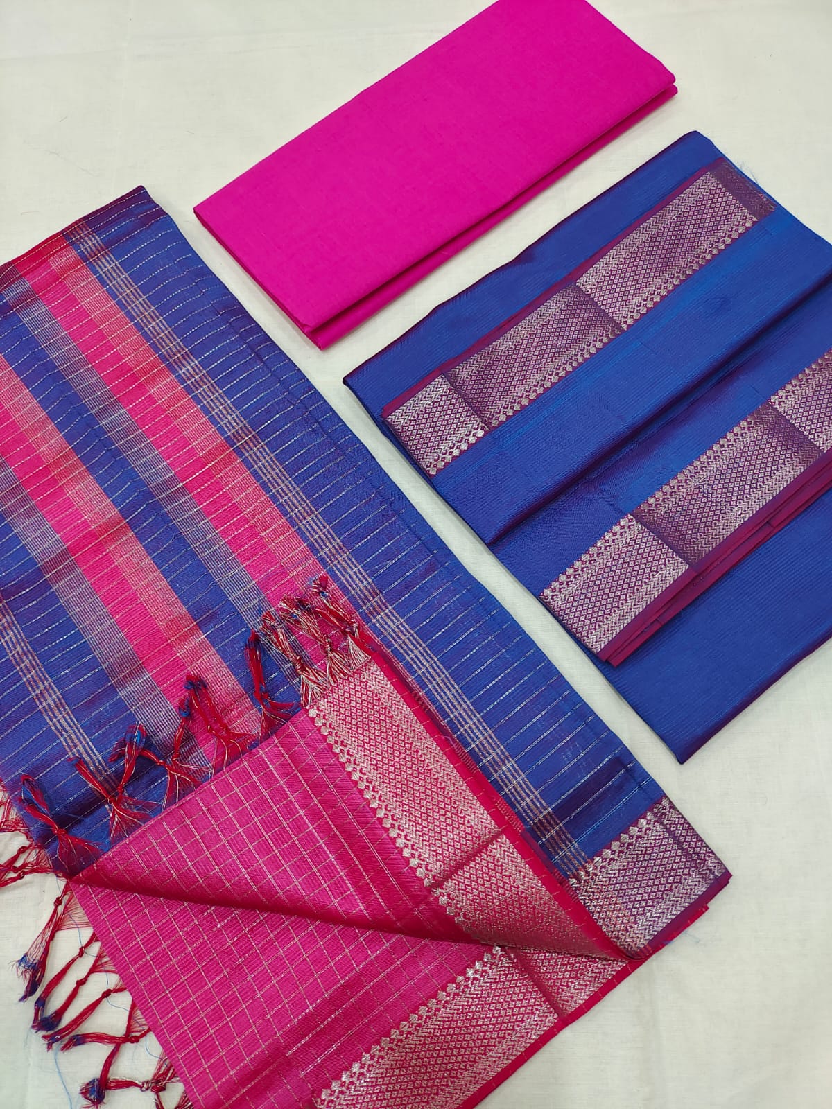 Mangalagiri pattu silver zari border dress material set (unstitched)