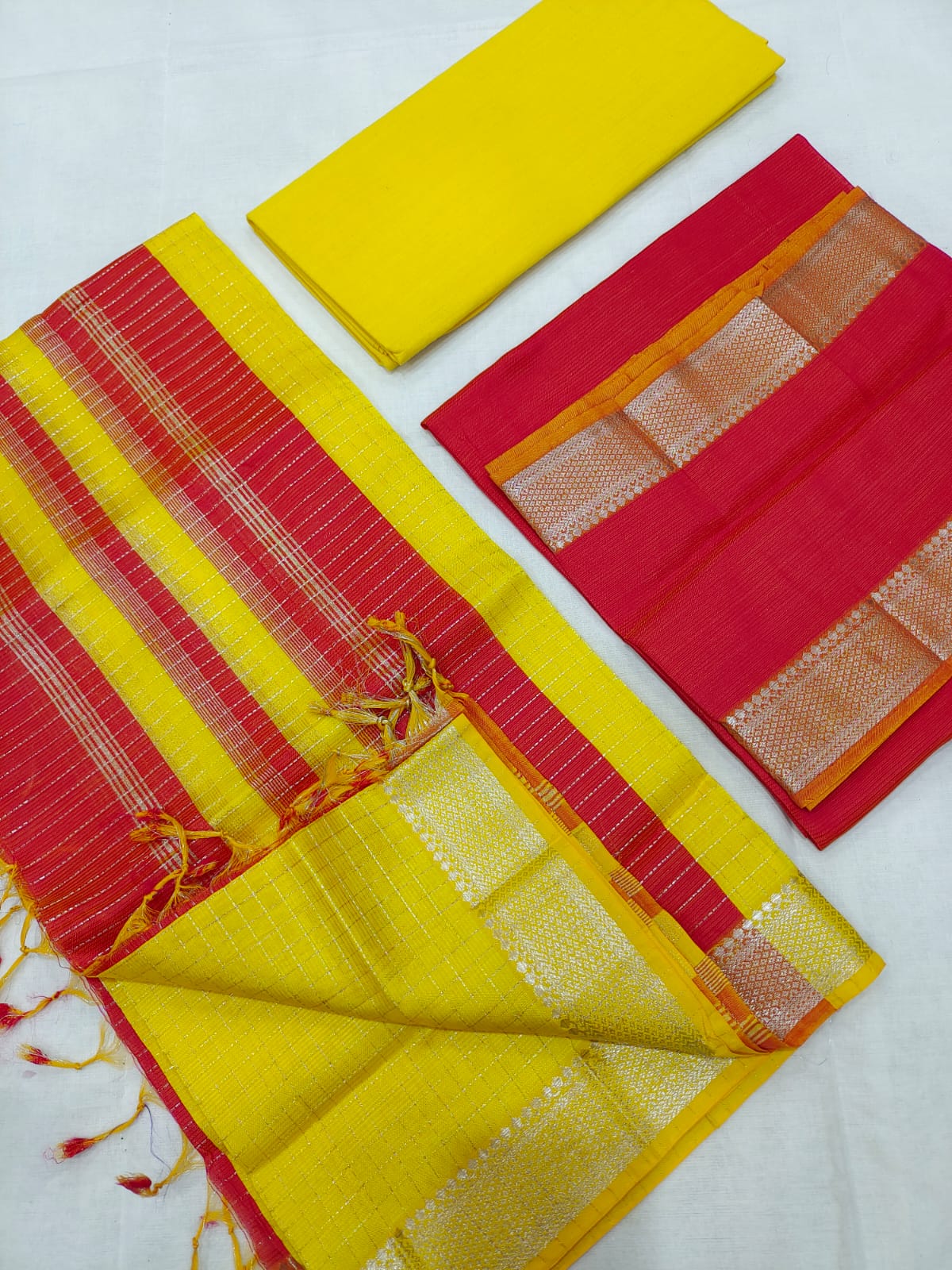 Mangalagiri pattu silver zari border dress material set (unstitched)