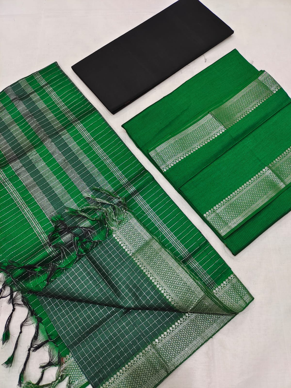 Mangalagiri pattu silver zari border dress material set (unstitched)
