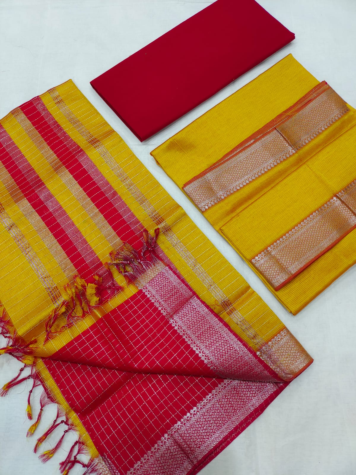 Mangalagiri pattu silver zari border dress material set (unstitched)