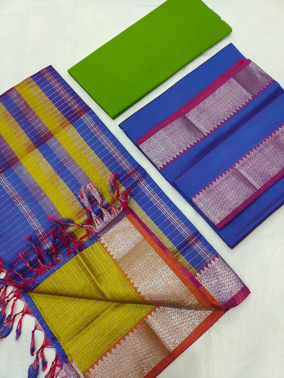 Mangalagiri pattu silver zari border dress material set (unstitched)