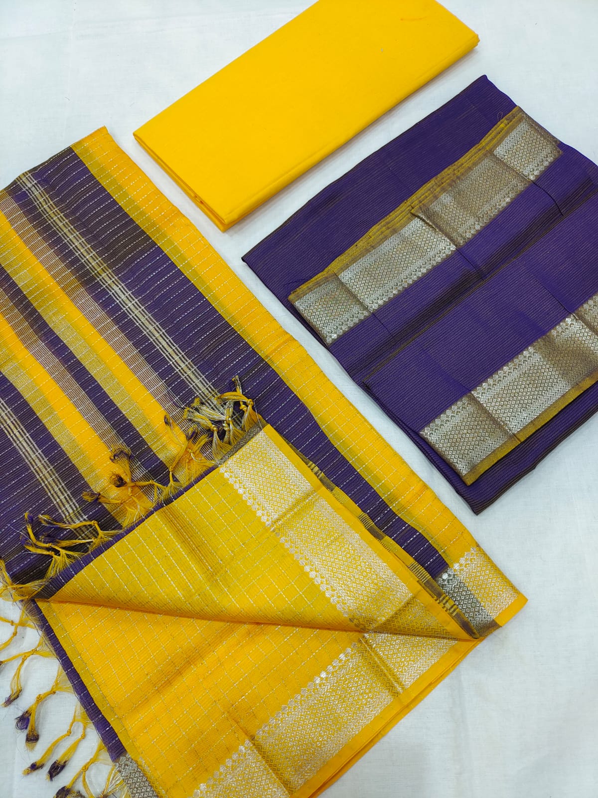 Mangalagiri pattu silver zari border dress material set (unstitched)