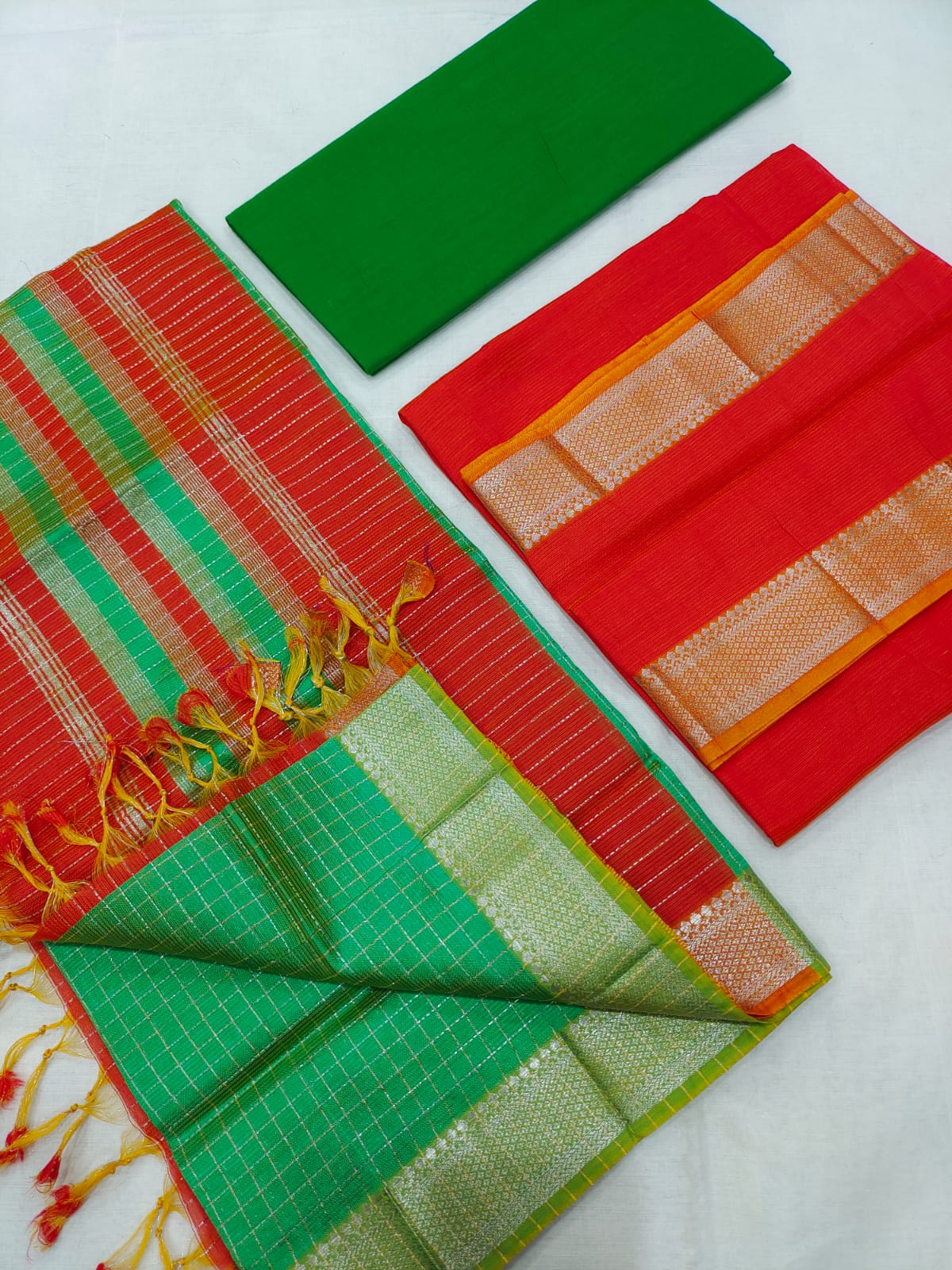 Mangalagiri pattu silver zari border dress material set (unstitched)