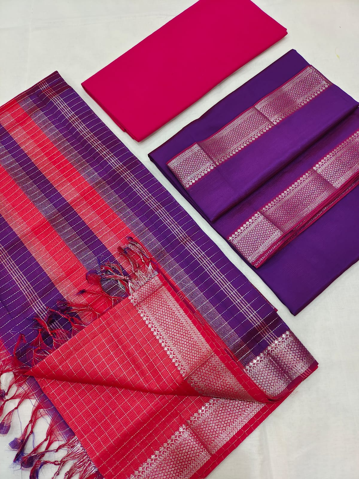 Mangalagiri pattu silver zari border dress material set (unstitched)